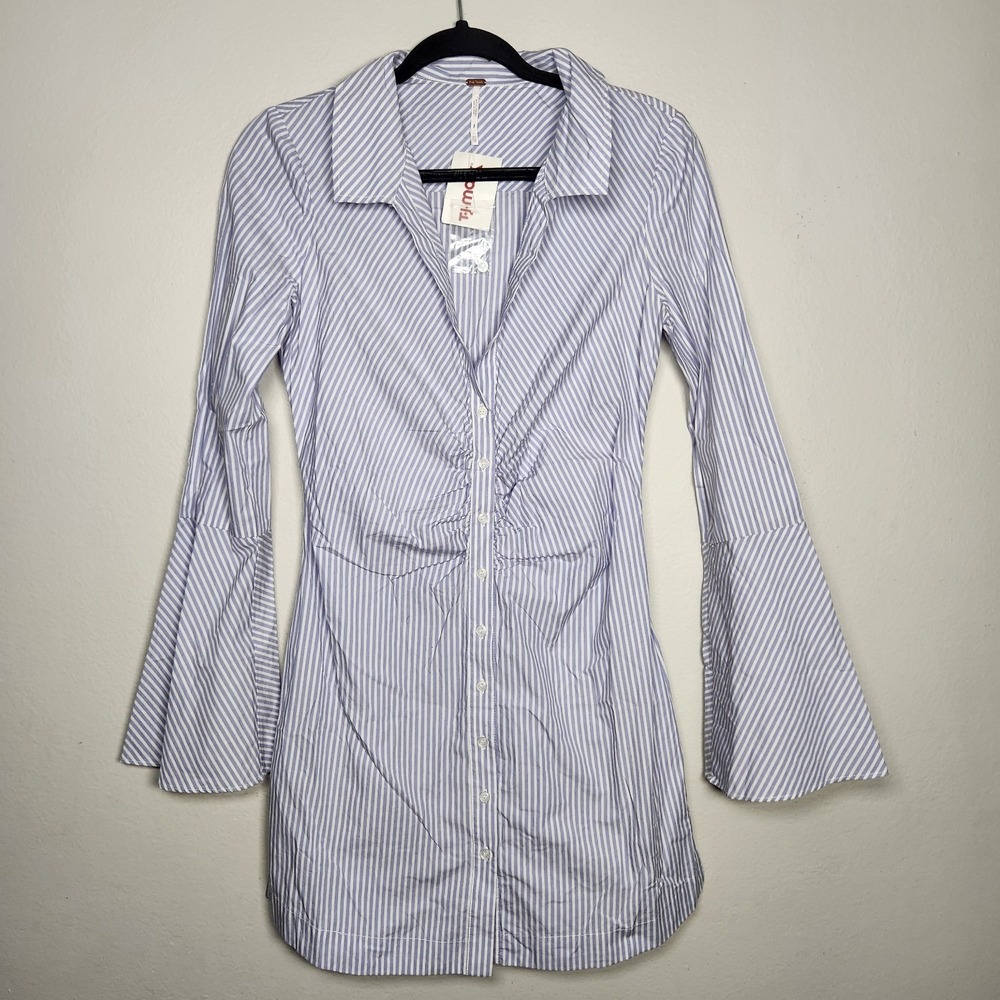Free People Womens XS Liv Shirt dress Blue Striped Top Office Corporate Core NWT